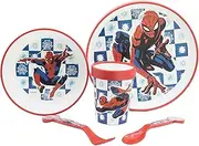 Spiderman Arachnid Grid 5 Piece Children's Dish with Non-Slip Base Plate, Bowl, 260ML Glass and Cutlery BPA Free