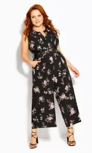 City Chic Ladies Imperial Floral Belted Jumpsuit size 16 Small Black Floral