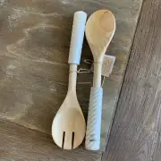 Mud Pie Ceramic Handle Wooden Serving Set 11.5” New W Tags Sealed Salad Tossers