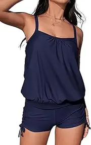 [CUPSHE] Women's Tankini Sets Two Piece Swimsuit Mid Rise Boy Shorts Square Neck Adjustable Straps Drawstring