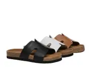 EVERAU® Women Slides Leather Flat Heidy - Black / AU Ladies 8 / AU Men 6 / EU 39