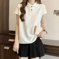 在飛比找蝦皮商城優惠-韓版純色上衣夏季折疊領寬鬆短袖t恤