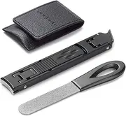 Portable Nail Clippers for Thick Nails Ultra Slim Folding Safety Lock Wide Jaw Opening Cutter with File Travel Double Head Curved and Bevel Trimmer for Toenail Fingernail (Black with File)