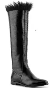 SERGIO ROSSI Reptile Embossed Leather Flat Knee-High Boot, Black, S 5, EU 35 NIB