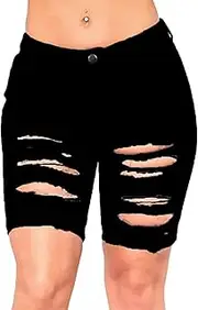 [Generic] Ripped Jean Shorts Stretchy Skinny Distressed Jean Short Cuffed Hem Casual Denim Shorts with Pockets