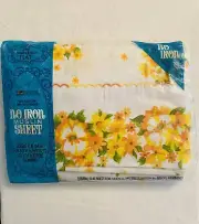 Vintage Grants Orange Floral Muslin Double Full Flat Bed Sheet No Iron New NOS