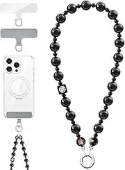 Vihibii Phone Charm Wrist Strap with 2* Tether Tab, Anti-Drop Cell Phone Lanyard, Stylish Pearl Beaded for Phone Case, Detachable Fashion Phone Strap for Women Girls, Sparkling Phone Chain, Onyx Black