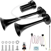 QWORK 12V Car Air Horn - 150DB Dual Trumpet Chrome-Plated Zinc loud Tarin Air Horns with Air Compressor, Waterproof Universal Mount – Fits 12V Cars, Trucks, Boats, Motorcycles Pickup Trains