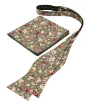 Mens Floral Self Tie Bow Ties and Pocket Square Set Light Olive