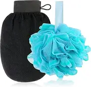 Yoseng Bath Shower Loofah Sponge Exfoliating Body Scrubber 75g/PCS Blue-Green Flower Color loofa Pouf Bath Sponges with 1pcs Black Exfoliating Glove Body Scrubbers for Use in Shower