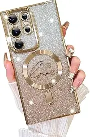 ELEPIK for Galaxy S23 Ultra Case with Camera Protector, [Full Camera Cover Protection] [Compatible with MagSafe] [Love Heart Plating] [Glitter Bling Plating] Clear Magnetic Slim Phone Case, Gold