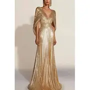 Gold Sequin A-Line Evening Gown Elegant Dress Formal Wedding Floor Length Short Sleeve V Neck Capes Lurex Fabric with Pleats 2025