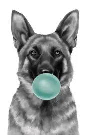 German Shepherd Blowing BlueGreen Bubble Poster Print, Dog Pet Puppy Art Decor
