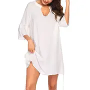 Swim Cover Ups Women Bathing Suit Coverups V Neck Roll Up Sleeve Beach Dress Swimsuits- White