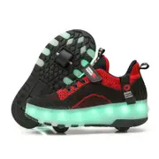 Nevenka Children Double Wheels Roller Skate Shoes LED Lamp Sneakers-Black