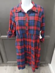 NEW Indigo Rose Plaid Shirt Dress Size M Cotton Tee Button Red & Blue Collar NWT