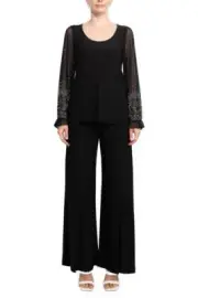 Marina Scoop Neck Embellished Chiffon Long Sleeve Slit Side Top and Elastic Mid