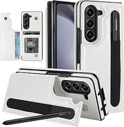 [XIMAND] for Samsung Galaxy Z Fold 5 Wallet Case with Credit Card Holder and S-Pen Holder,Fold Premium Leather Magnetic Clasp Kickstand Heavy Duty Protective Cover.(White)