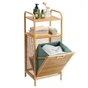 Giantex Tilt-out Laundry Hamper Bamboo Laundry Storage Shelf w/2-tier Shelves Bathroom Clothes Basket Rack