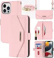 Cavor Crossbody Wallet Case for iPhone 13 Pro Max Case (6.7") Flip Cover Magnetic Leather Women Handbag Card Slots Holder Zipper Kickstand Purse with Detachable Shoulder Necklace Lanyard Strap-Rose