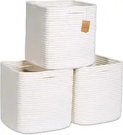NaturalCozy Storage Cubes 11 Inch Cotton Rope Woven Baskets for Organizing, 3-Pack | Cube Bin Square Shelves Organizer, Classroom, Kids Toy Bins, Closet, Baby Nursery, White (NC0033)