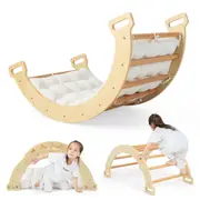 Costway Climb Playset 3-in-1 Wood Climbing Frame Climber Rocking Set Seesaw w/Cushion Daycare Gifts Natural