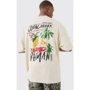 Mens Sand Oversized Copacabana Printed Back Print T-shirt
