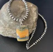 Native BumbleBee Jasper Pendant Navajo Pearls Sterling Silver Necklace 20" 12725