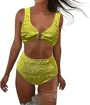 [VIARY] Women's Striped Printed Hollow High Cut Two-Piece Bikini Swimsuit, Yellow, L