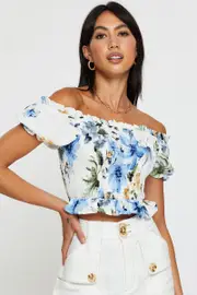 Print Crop Top Off Shoulder - Size 14, Women's Crop Top