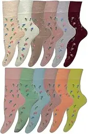 [ARG] 6,12 Pairs Ladies Non Elastic Extra Wide Multipack Bamboo Super Soft Flowers Socks Diabetic Socks for Women UK 4-7(EU 37-41)