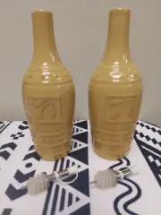 2 Signature Sorrento wheat/gold oil bottles Made In 2005 Stoneware, (Oil Pours)