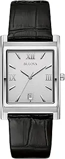 [Bulova] Men's Stainless Steel 3-Hand Calendar Date Quartz Watch with Black Leather Strap, Rectangle Square Dial Style: 96B107, Silver, Classic Quartz Silver-Tone Stainless Steel Strap