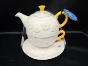 Personal Teapot And Cup Set Bluebird And Willow England Stoneware Daisies NWT