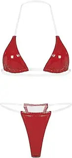 [Jugaoge] Women Shiny Leather Swimwear Latex Bra Tops Thong Micro Bikini Set Extreme Bathing Suit