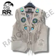 Men's Western Brown Cowboy Suede Leather Vest Native American Beaded Fringe Vest