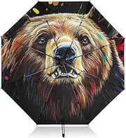 [PDZRMY] Bear Portrait Colorful UV Protection Travel Umbrella Compact for Rain and Sun - Auto Open and Close UPF 50+ Windproof Portable 46” Sun Umbrella for Women and Men