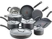 T-fal Ultimate Hard Anodized Nonstick Cookware Set 14 Piece, Oven Broiler Safe 400F, Lid Safe 350F, Kitchen Cooking Set w/ Fry Pans, Saucepans, Griddle, Dutch Oven Pots & Pans, Dishwasher Safe, Black