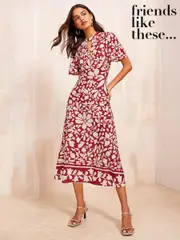 Friends Like These Burgundy Red ITY Keyhole Flutter Shortss Sleeve Printed Midi Dress (E17489) | $59