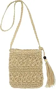[Hileyu] Straw Bag for Women Straw Single Crossbody Bag Summer Small Beach Bags with Tassel Weave Handmade Raffia Bag Bohemian Shoulder Purse for Travel