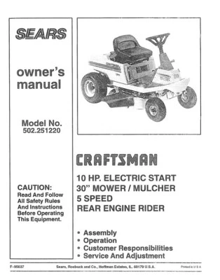 Owner’s Manual Sears Craftsman 10.0 HP Rear-Engine Riding Mower - 502.251220