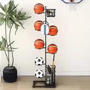 Basketball Ball Storage Rack, Freestanding Basketball Holder, Garage Ball Storage Sport Organizer Rack, Vertical Garage Sports Equipment Organizer with Baske and Hooks for Football, Basketballs