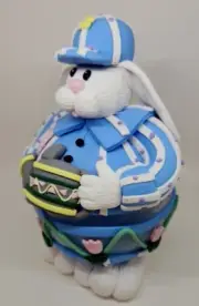 Blue Egg Bunny w Spring Flowers Decorative Easter Holiday Figure Glass (BIN 24)