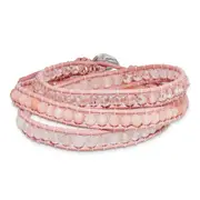 20 Inch Leather Rose/Pink Quartz Crystal Multi Wrap/ Button Bracelet