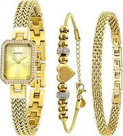 [BERNY] Gold Watches for Women Ladies Wrist Watch and Bracelet Set Dainty Quartz Bracelet Watch Premium Crystal Accented Fashion Luxury Birthday Gifts for Women