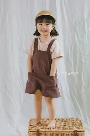 Kids Suspender Pants Button Shoulder Straps Trouser Solid Jean Brown