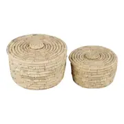 2pc Maine & Crawford Eda Seagrass/Date Leaf Round Basket w/ Lid Storage Set NTRL