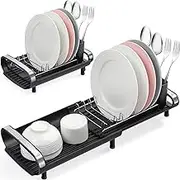 Urackify Compact Dish Drainer,Expandable Rack,Stainless Steel Drying Rack with Removable Cutlery Holder,Non-Slip Feet,Anti Rust Plate Rack,Small Sink Drainer for Kitchen Countertop,Black