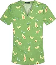 Meichoon Scrubs Top for Women Medical Uniform Top V-Neck Printed Short Sleeve Cotton Moisture Wicking Stretchy Quick Dry Soft Anti Wrinkle
