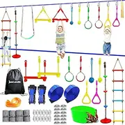 Just.smile Ninja Slackline Ninja Warrior Obstacle Course for Kids-2x52ft with Swing, Rope Ladder,Climbing Bar,Ring,Outdoor Ninja Course Training Equipment Set for Backyard